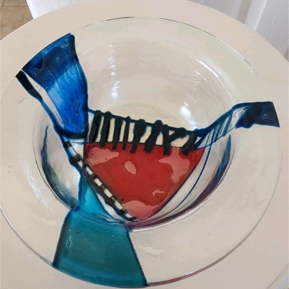 Fused Studio Art Glass Blue Red Bowl Dish Geometric Abstract Colorful Y2K 7"